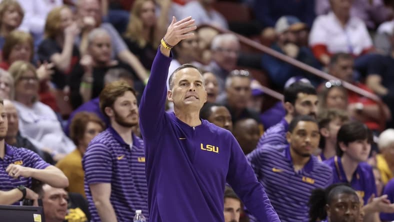 Nov 16, 2023; Charleston, South Carolina, USA; LSU Tigers head coach Matt McMahon reacts in the second half against the Dayton Flyers at TD Arena. Mandatory Credit: David Yeazell-USA TODAY Sports