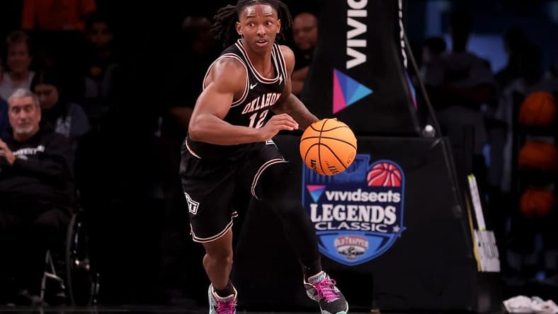 Nov 16, 2023; Brooklyn, New York, USA; Oklahoma State Cowboys guard Javon Small (12) brings the ball up court against the St. Bonaventure Bonnies during the second half at Barclays Center. Mandatory Credit: Brad Penner-USA TODAY Sports
