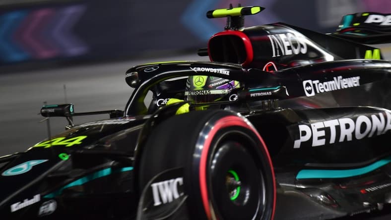 Nov 16, 2023; Las Vegas, Nevada, USA; Mercedes AMG Petronas driver Lewis Hamilton of Great Britain (44) during free practice at Las Vegas Strip Circuit. Mandatory Credit: Gary A. Vasquez-USA TODAY Sports