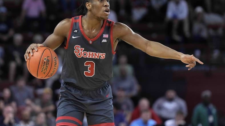 Nov 17, 2023; Charleston, SC, USA; St. John's Red Storm guard Jordan Dingle (3) brings the ball up court in the first half against the Dayton Flyers at TD Arena. Mandatory Credit: David Yeazell-USA TODAY Sports