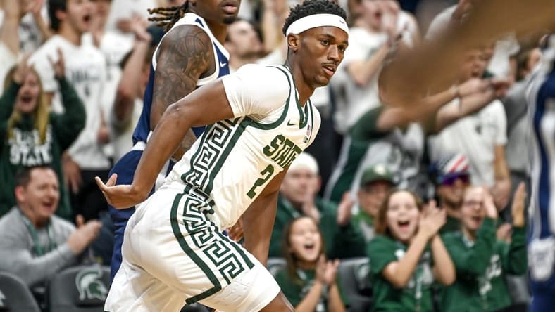 Michigan State's Tyson Walker gets back on defense after making a 3-pointer against Butler during the first half on Friday, Nov. 17, 2023, in East Lansing.