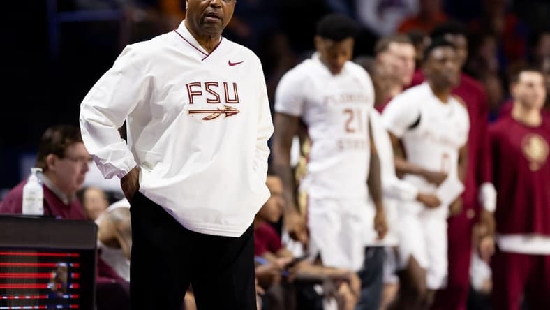 Nov 17, 2023; Gainesville, Florida, USA; Florida State Seminoles head coach Leonard Hamilton looks on during the first half against the Florida Gators at Exactech Arena at the Stephen C. O'Connell Center. Mandatory Credit: Matt Pendleton-USA TODAY Sports