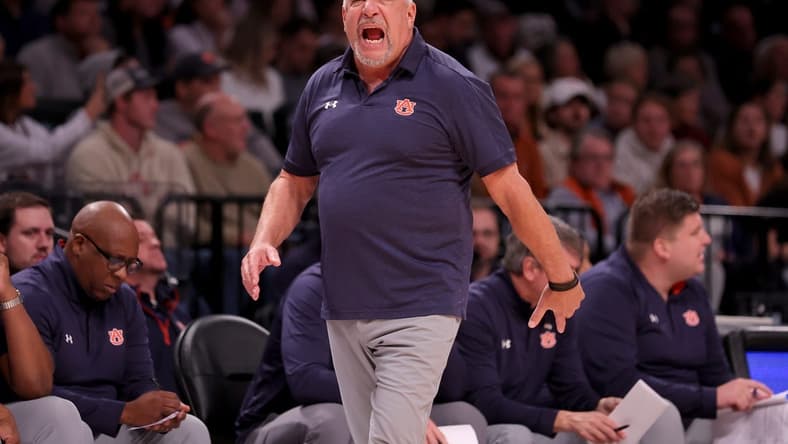 Nov 17, 2023; Brookyln, NY, USA; Auburn Tigers head coach Bruce Pearl coaches against the St. Bonaventure Bonnies during the first half at Barclays Center. Mandatory Credit: Brad Penner-USA TODAY Sports