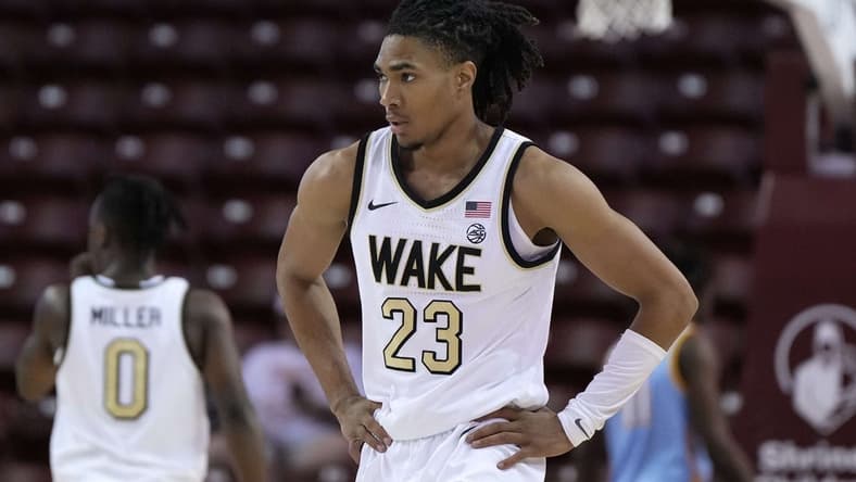 Nov 17, 2023; Charleston, SC, USA; Wake Forest Demon Deacons guard Hunter Sallis (23) on the court in the second half against the Towson Tigers at TD Arena. Mandatory Credit: David Yeazell-USA TODAY Sports