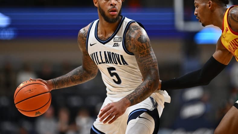 Nov 17, 2023; Villanova, Pennsylvania, USA; Villanova Wildcats guard Justin Moore (5) controls the ball against the Maryland Terrapins in the first half at William B. Finneran Pavilion. Mandatory Credit: Kyle Ross-USA TODAY Sports