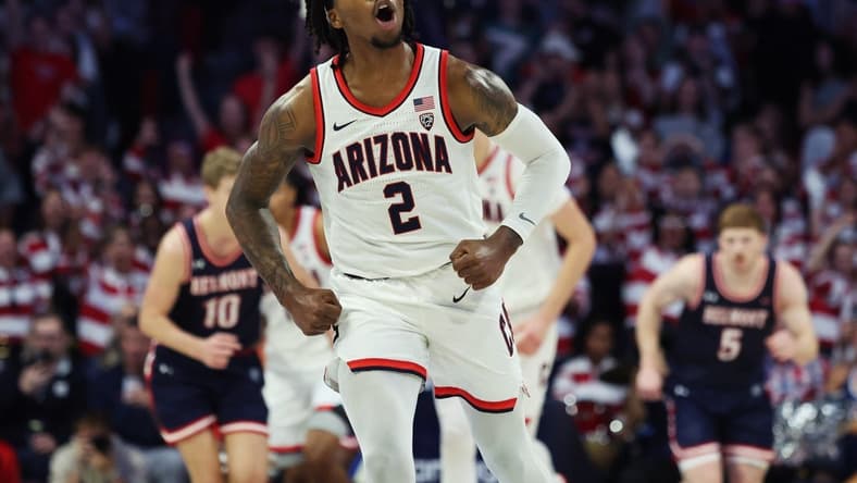 Nov 17, 2023; Tucson, Arizona, USA; Arizona Wildcats guard Caleb Love (2) celebrates a basket against the Belmont Bruins during the first half at McKale Center. Mandatory Credit: Zachary BonDurant-USA TODAY Sports