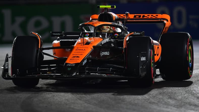Nov 17, 2023; Las Vegas, Nevada, USA; McLaren F1 Team driver Lando Norris of Great Britain (4) during qualifying at Las Vegas Strip Circuit. Mandatory Credit: Gary A. Vasquez-USA TODAY Sports