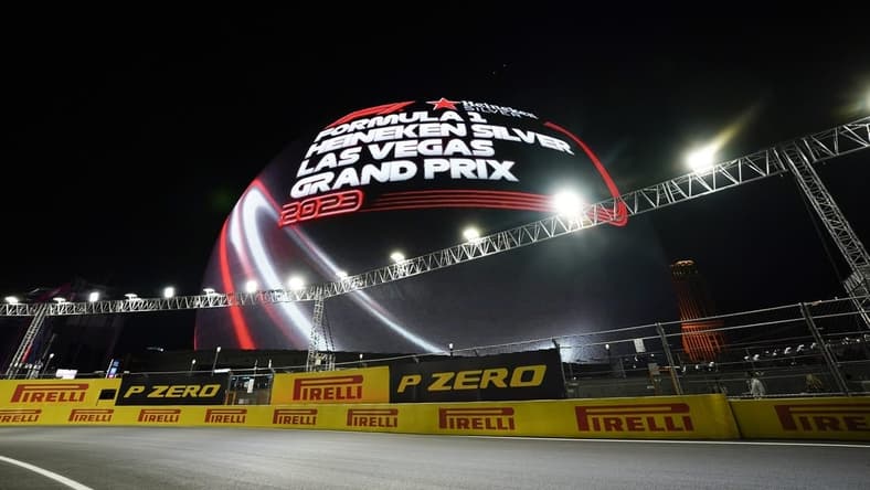 Nov 17, 2023; Las Vegas, Nevada, USA; The MSG Sphere is observed prior to the start of the qualifiers at the Las Vegas Strip Circuit. Mandatory Credit: Lucas Peltier-USA TODAY Sports