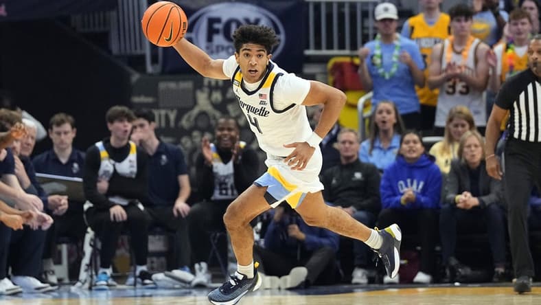 Nov 10, 2023; Milwaukee, Wisconsin, USA;  Marquette Golden Eagles guard Stevie Mitchell (4) during the game against the Rider Broncs at Fiserv Forum. Mandatory Credit: Jeff Hanisch-USA TODAY Sports
