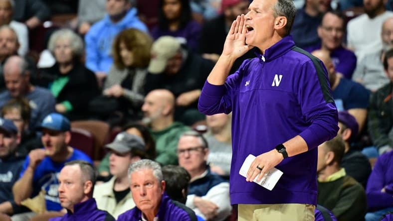 Nov 18, 2023; Uncasville, Connecticut, USA; Northwestern Wildcats head coach Chris Collins during the second half against Rhode Island Rams at Mohegan Sun Arena. Mandatory Credit: Mark Smith-USA TODAY Sports