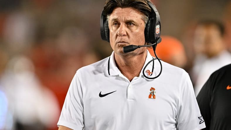 Nov 18, 2023; Houston, Texas, USA; Oklahoma State Cowboys head coach Mike Gundy looks on during the fourth quarter against the Houston Cougars at TDECU Stadium. Mandatory Credit: Maria Lysaker-USA TODAY Sports