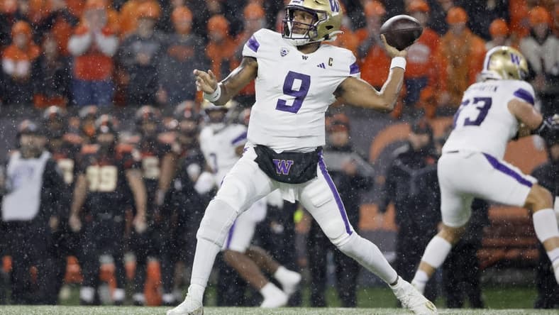 Nov 18, 2023; Corvallis, Oregon, USA; Washington Huskies quarterback Michael Penix Jr. (9) throws the ball during the first half against the Oregon State Beavers at Reser Stadium. Mandatory Credit: Soobum Im-USA TODAY Sports