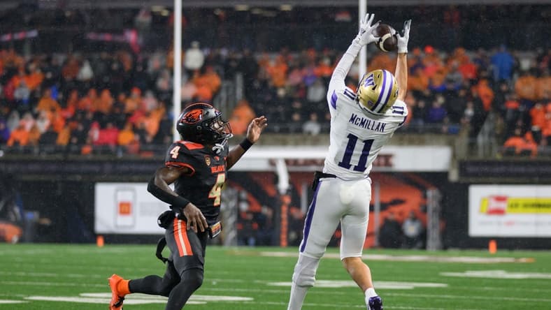 Nov 18, 2023; Corvallis, Oregon, USA; Washington Huskies wide receiver Jalen McMillan (11) goes up for a pass during the second half against the Oregon State Beavers at Reser Stadium. Mandatory Credit: Craig Strobeck-USA TODAY Sports