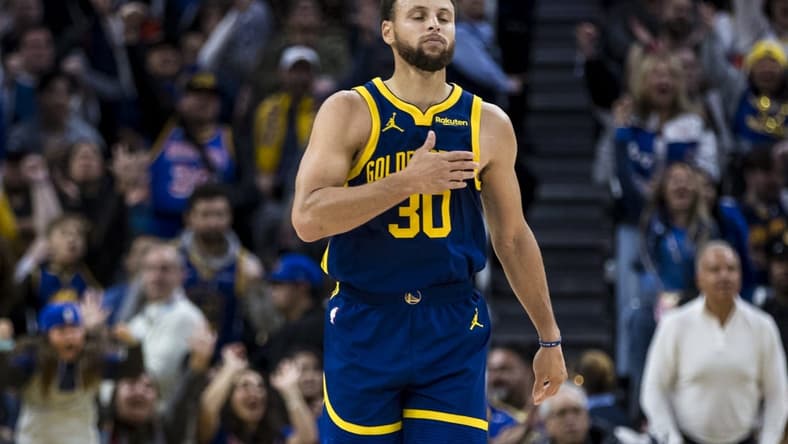 Nov 18, 2023; San Francisco, California, USA; Golden State Warriors guard Stephen Curry (30) reacts after scoring against the Oklahoma City Thunder during the second half at Chase Center. Mandatory Credit: John Hefti-USA TODAY Sports