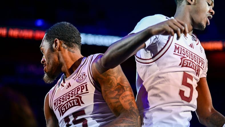 Nov 19, 2023; Uncasville, CT, USA; Mississippi State Bulldogs forward Jimmy Bell Jr. (15) and Mississippi State Bulldogs guard Shawn Jones jr. (5) celebrate during the first half against Northwestern Wildcats at Mohegan Sun Arena. Mandatory Credit: Mark Smith-USA TODAY Sports
