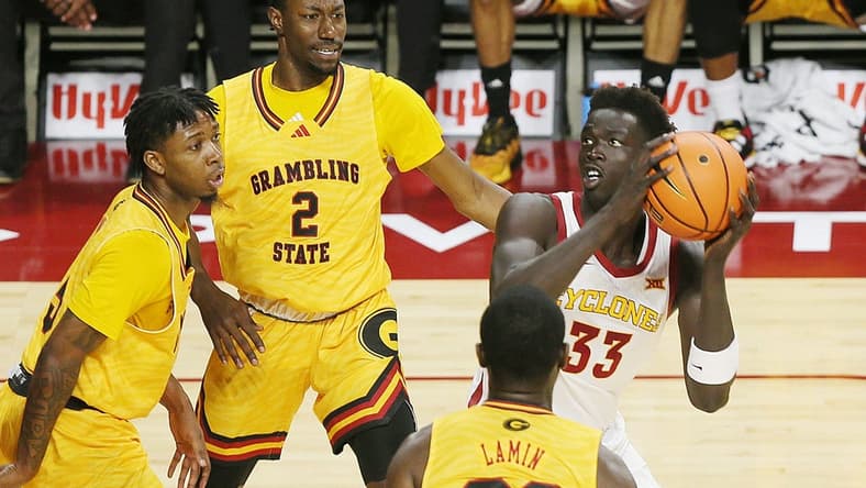 Iowa State Cyclones forward Omaha Biliew (33) looks for a shot around Grambling State defenders during the first half in the NCAA men's basketball at Hilton Coliseum on Sunday, Nov. 19, 2023, in Ames, Iowa.