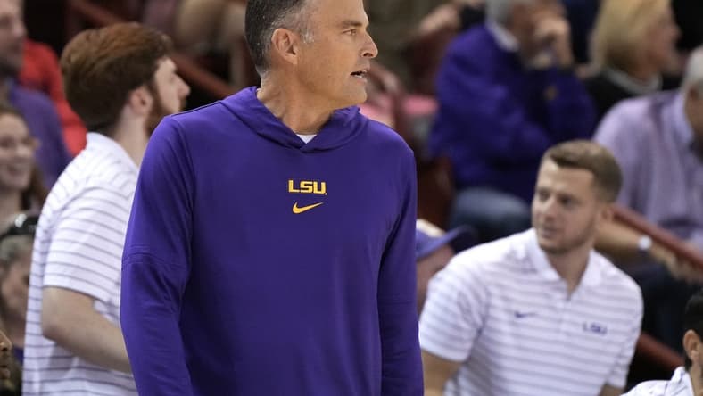 Nov 19, 2023; Charleston, SC, USA; LSU Tigers head coach Matt McMahon watches the action on the court in the first half against the Wake Forest Demon Deacons at TD Arena. Mandatory Credit: David Yeazell-USA TODAY Sports