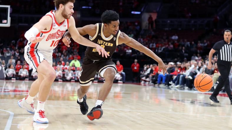 Nov 19, 2023; Columbus, Ohio, USA;  Western Michigan Broncos guard Jefferson De La Cruz Monegro (2) loses his dribble as Ohio State Buckeyes forward Jamison Battle (10) defends on the play during the first half at Value City Arena. Mandatory Credit: Joseph Maiorana-USA TODAY Sports