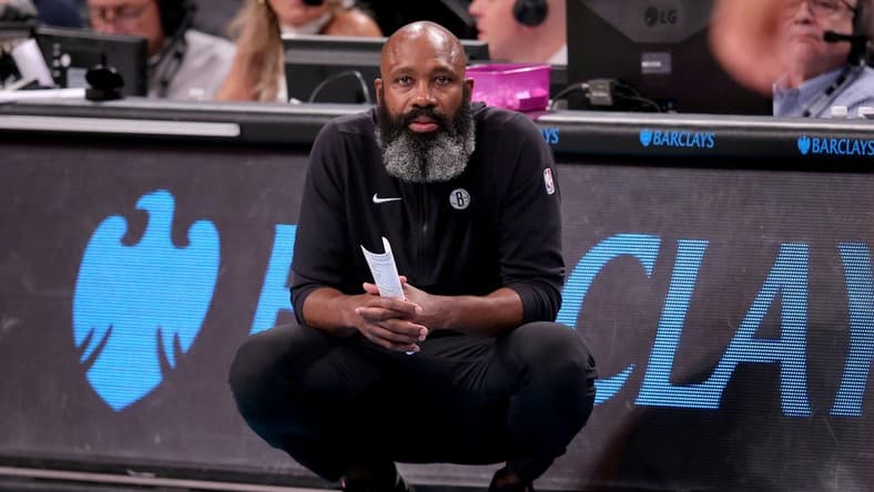 Nov 19, 2023; Brooklyn, New York, USA; Brooklyn Nets head coach Jacque Vaughn coaches against the Philadelphia 76ers during the fourth quarter at Barclays Center. Mandatory Credit: Brad Penner-USA TODAY Sports