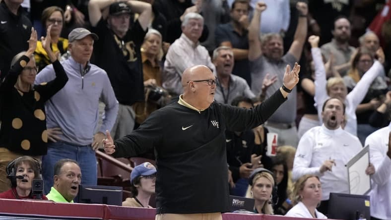 Nov 19, 2023; Charleston, SC, USA; Wake Forest Demon Deacons head coach Steve Forbes reacts to a call on the court in the second half against the LSU Tigers at TD Arena. Mandatory Credit: David Yeazell-USA TODAY Sports
