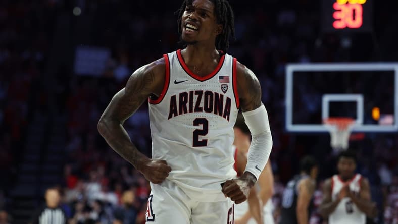 Nov 19, 2023; Tucson, Arizona, USA; Arizona Wildcats guard Caleb Love (2) celebrates a basket against the Texas-Arlington Mavericks during the first half at McKale Center. Mandatory Credit: Zachary BonDurant-USA TODAY Sports