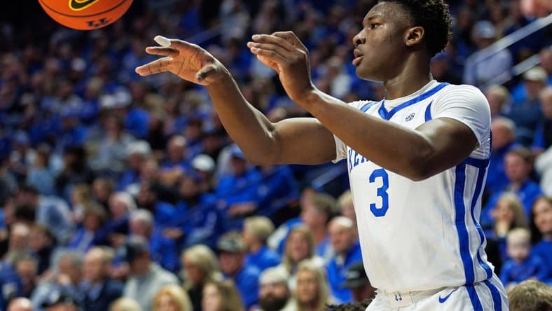 Nov 20, 2023; Lexington, Kentucky, USA; Kentucky Wildcats guard Adou Thiero (3) inbounds the ball during the first half against the Saint Joseph's Hawks at Rupp Arena at Central Bank Center. Mandatory Credit: Jordan Prather-USA TODAY Sports