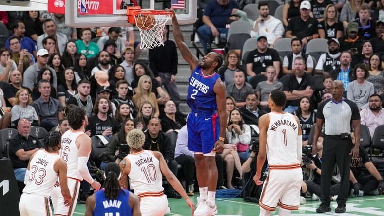Nov 20, 2023; San Antonio, Texas, USA;  LA Clippers forward Kawhi Leonard (2) dunks in the first half against the San Antonio Spurs at the Frost Bank Center. Mandatory Credit: Daniel Dunn-USA TODAY Sports