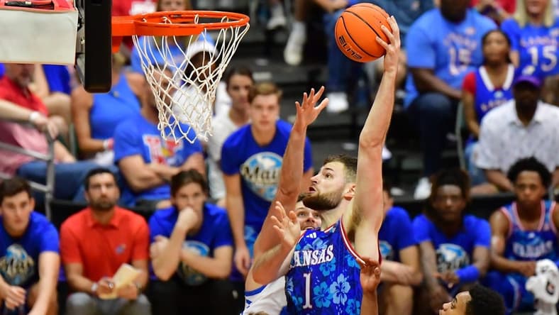 Nov 20, 2023; Honolulu, Hawaii, USA;  Kansas Jayhawks center Hunter Dickinson (1) shoots the ball during the second period against the Chaminade Silverswords at SimpliFi Arena at Stan Sheriff Center. Mandatory Credit: Steven Erler-USA TODAY Sports
