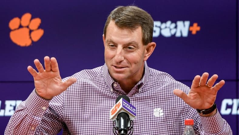 Clemson head coach Dabo Swinney speaks in the Smart Family Media Center at the Smart Family Media Center at the Poe Indoor Practice Facility in Clemson, S.C. Tuesday, Nov 21, 2023.