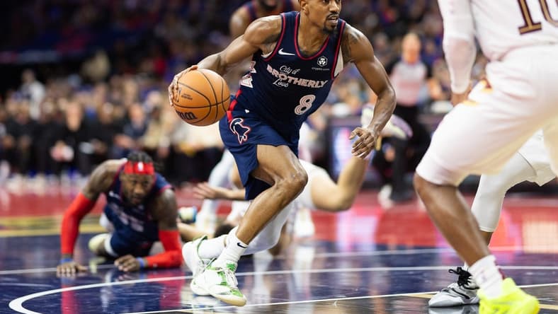Nov 21, 2023; Philadelphia, Pennsylvania, USA; Philadelphia 76ers guard De'Anthony Melton (8) dribbles the ball against the Cleveland Cavaliers during the third quarter at Wells Fargo Center. Mandatory Credit: Bill Streicher-USA TODAY Sports