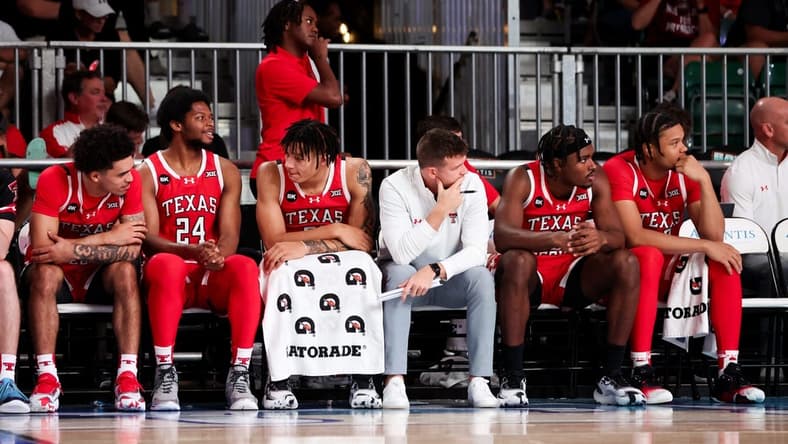 Nov 22, 2023; Paradise Island, BAHAMAS;  Texas Tech Red Raiders bench during the second half against the Villanova Wildcats at Imperial Arena. Mandatory Credit: Kevin Jairaj-USA TODAY Sports