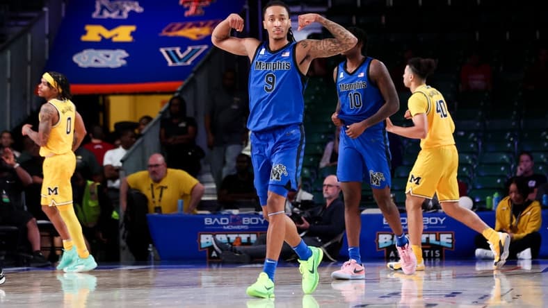 Nov 22, 2023; Paradise Island, BAHAMAS; Memphis Tigers guard Caleb Mills (9) reacts after the game against the Michigan Wolverines at Imperial Arena. Mandatory Credit: Kevin Jairaj-USA TODAY Sports