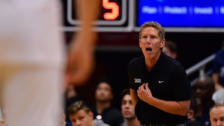Nov 22, 2023; Honolulu, HI, USA; Gonzaga Bulldogs head coach Mark Few gives instructions to his players against the UCLA Bruins during the first period at SimpliFi Arena at Stan Sheriff Center. Mandatory Credit: Steven Erler-USA TODAY Sports