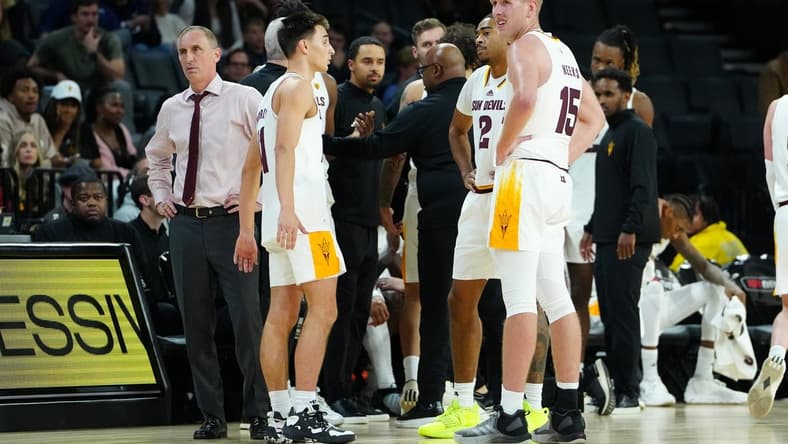 Nov 23, 2023; Las Vegas, Nevada, USA; Arizona State Sun Devils head coach Bobby Hurley awaits a review of an altercation against the Brigham Young Cougars during the second half at Michelob Ultra Arena. Mandatory Credit: Stephen R. Sylvanie-USA TODAY Sports