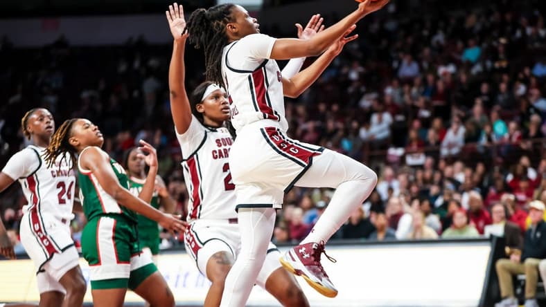 Nov 24, 2023; Columbia, South Carolina, USA; South Carolina Gamecocks guard MiLaysia Fulwiley (12) drives against the Mississippi Valley State Devilettes in the second half at Colonial Life Arena. Mandatory Credit: Jeff Blake-USA TODAY Sports