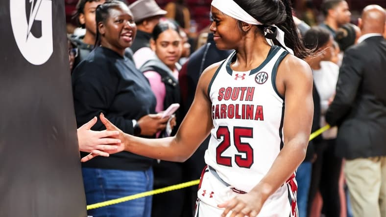 Nov 24, 2023; Columbia, South Carolina, USA; South Carolina Gamecocks guard Raven Johnson (25) high fives a fan after their win over the Mississippi Valley State Devilettes at Colonial Life Arena. Mandatory Credit: Jeff Blake-USA TODAY Sports
