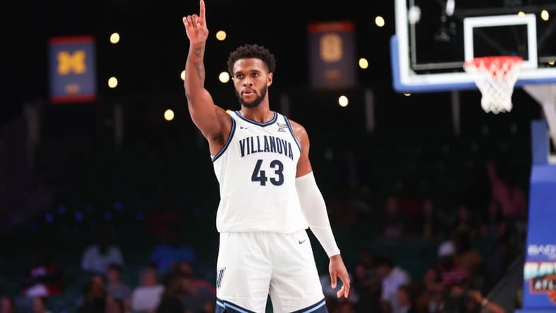 Nov 24, 2023; Paradise Island, BAHAMAS;  Villanova Wildcats forward Eric Dixon (43) reacts during the second half against the Memphis Tigers at Imperial Arena. Mandatory Credit: Kevin Jairaj-USA TODAY Sports