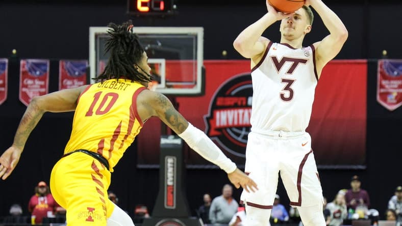 Nov 24, 2023; Kissimmee, FL, USA;  Virginia Tech Hokies guard Sean Pedulla (3) shoots the ball against the Iowa State Cyclones in the first half during the ESPN Events Invitational Semifinal at State Farm Field House. Mandatory Credit: Nathan Ray Seebeck-USA TODAY Sports