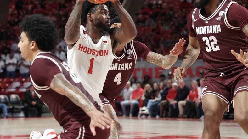Nov 24, 2023; Houston, Texas, USA; Houston Cougars guard Jamal Shead (1) of Montana Grizzlies handles the ball in the second half at Fertitta Center. Mandatory Credit: Thomas Shea-USA TODAY Sports