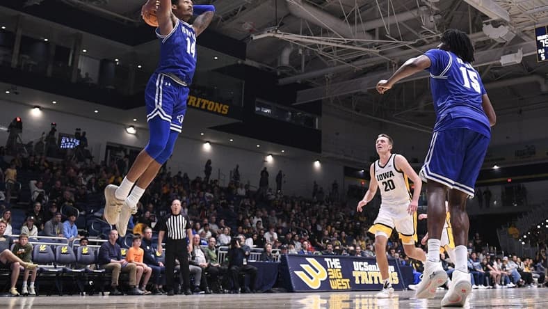 Nov 24, 2023; La Jolla, California, USA; Seton Hall Pirates guard Dre Davis (14) dunks the ball during the second half against the Iowa Hawkeyes at LionTree Arena. Mandatory Credit: Orlando Ramirez-USA TODAY Sports