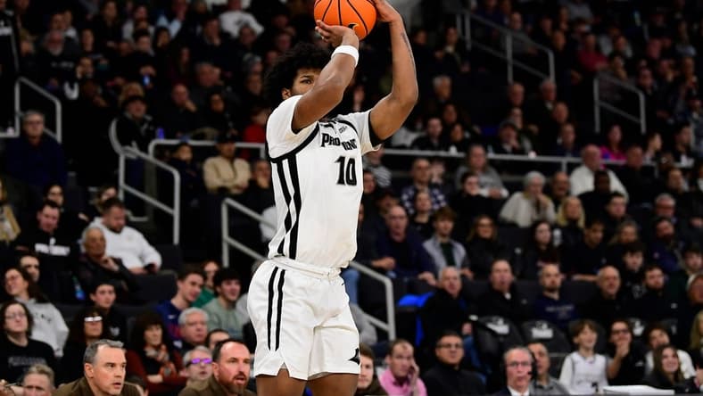 Nov 24, 2023; Providence, Rhode Island, USA; Providence Friars forward Richard Barron (10) shoots against the Lehigh Mountain Hawks during the first half at Amica Mutual Pavilion. Mandatory Credit: Eric Canha-USA TODAY Sports