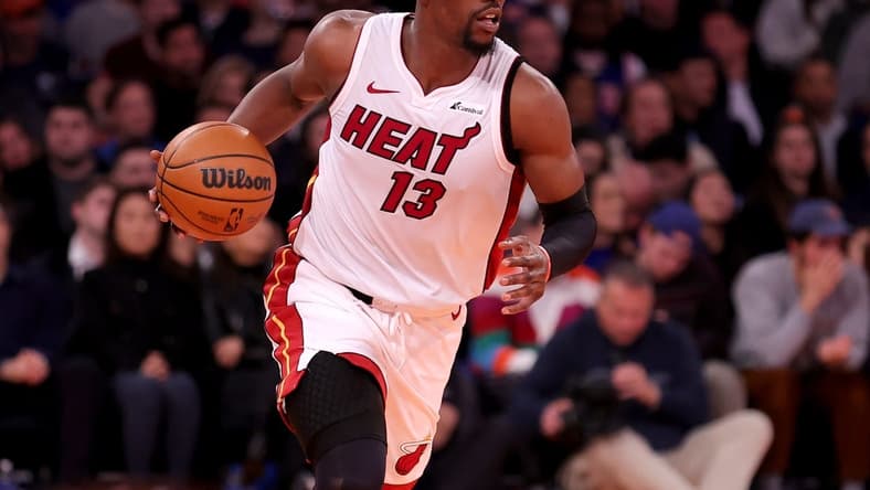 Nov 24, 2023; New York, New York, USA; Miami Heat center Bam Adebayo (13) brings the ball up court against the New York Knicks during the first quarter at Madison Square Garden. Mandatory Credit: Brad Penner-USA TODAY Sports