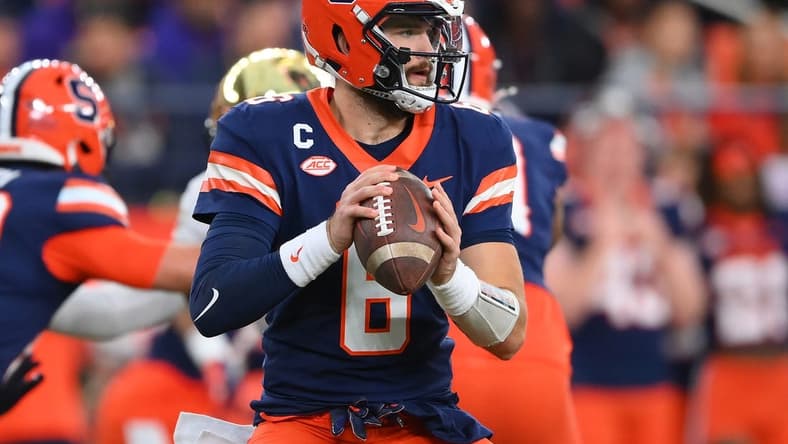 Nov 25, 2023; Syracuse, New York, USA; Syracuse Orange quarterback Garrett Schrader (6) drops back to pass against the Wake Forest Demon Deacons during the first half at the JMA Wireless Dome. Mandatory Credit: Rich Barnes-USA TODAY Sports