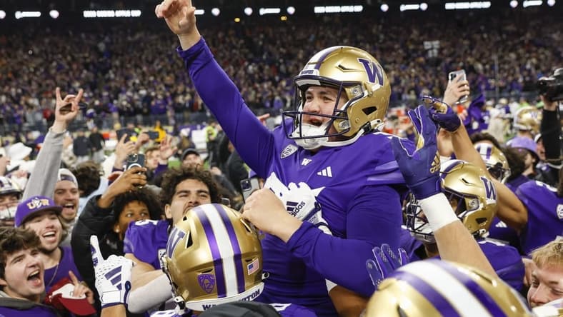 Nov 25, 2023; Seattle, Washington, USA; Washington Huskies place kicker Grady Gross (95) celebrates after making a game-winning field goal against the Washington State Cougars during the fourth quarter at Alaska Airlines Field at Husky Stadium. Mandatory Credit: Joe Nicholson-USA TODAY Sports