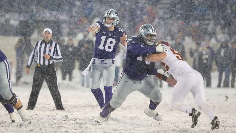 Nov 25, 2023; Manhattan, Kansas, USA; Kansas State Wildcats quarterback Will Howard (18) passes the ball during the fourth quarter against the Iowa State Cyclones at Bill Snyder Family Football Stadium. Mandatory Credit: Scott Sewell-USA TODAY Sports