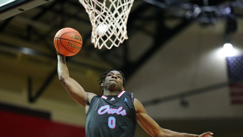 Nov 26, 2023; Kissimmee, FL, USA; Florida Atlantic Owls forward Brenen Lorient (0) dunks the ball against the Virginia Tech Hokies in the second half during the ESPN Events Invitational Championship game at State Farm Field House. Mandatory Credit: Nathan Ray Seebeck-USA TODAY Sports