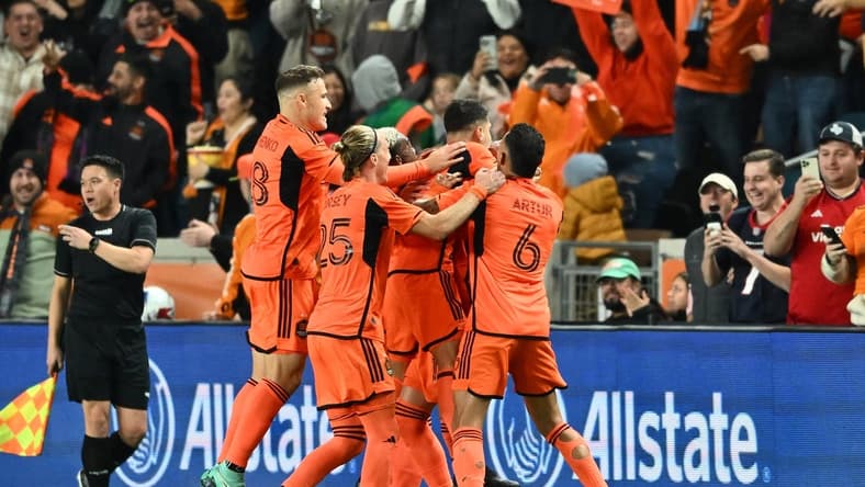 Nov 26, 2023; Houston, Texas, USA; Houston Dynamo defender Franco Escobar (2) reacts after scoring a goal against Sporting Kansas City during the first half for the MLS Cup Western Conference Semifinal match at Shell Energy Stadium. Mandatory Credit: Maria Lysaker-USA TODAY Sports