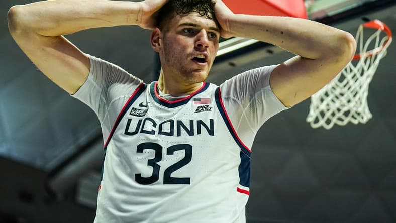 Nov 27, 2023; Storrs, Connecticut, USA; UConn Huskies center Donovan Clingan (32) reacts after being fouled by New Hampshire Wildcats in the second half at Harry A. Gampel Pavilion. Mandatory Credit: David Butler II-USA TODAY Sports