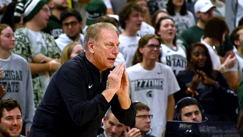 Nov 28, 2023; East Lansing, Michigan, USA; Michigan State Spartans head coach Tom Izzo reacts on the sidelines against the Georgia Southern Eagles at Jack Breslin Student Events Center. Mandatory Credit: Dale Young-USA TODAY Sports