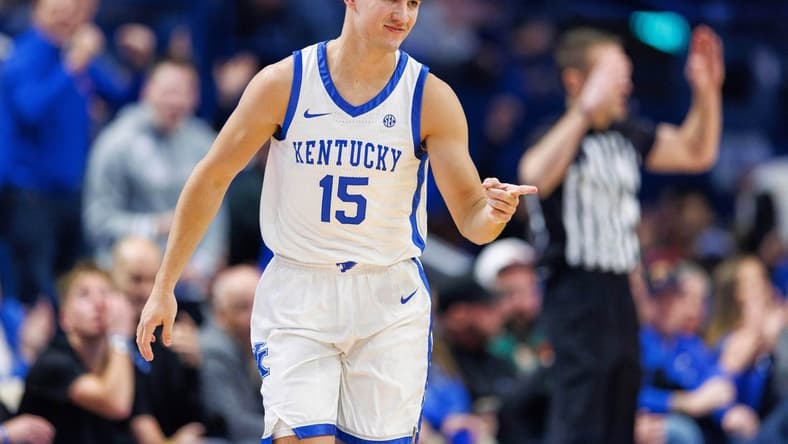 Nov 28, 2023; Lexington, Kentucky, USA; Kentucky Wildcats guard Reed Sheppard (15) reacts after making a basket during the first half against the Miami (Fl) Hurricanes at Rupp Arena at Central Bank Center. Mandatory Credit: Jordan Prather-USA TODAY Sports
